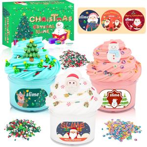 3 Pack Christmas Butter Slime Kit for Kids, Scented Slime with Santa Claus, Snowman, Christmas Tree Charm, Soft, Non-Sticky, Goodies Bag Toy for Party Favors, Birthday Gifts for Girl Boy