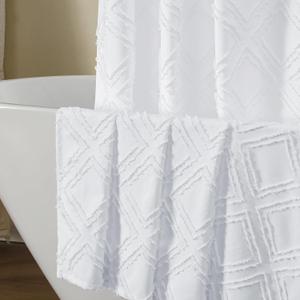 OWENIE White Shower Curtain Set, Jacquard Geometric Textured Fabric Boho Shower Curtains for Bathroom, Soft Hotel Style Farmhouse Shower Curtain Grommet Top 12 Hooks, Machine Washable, 72x72, White
