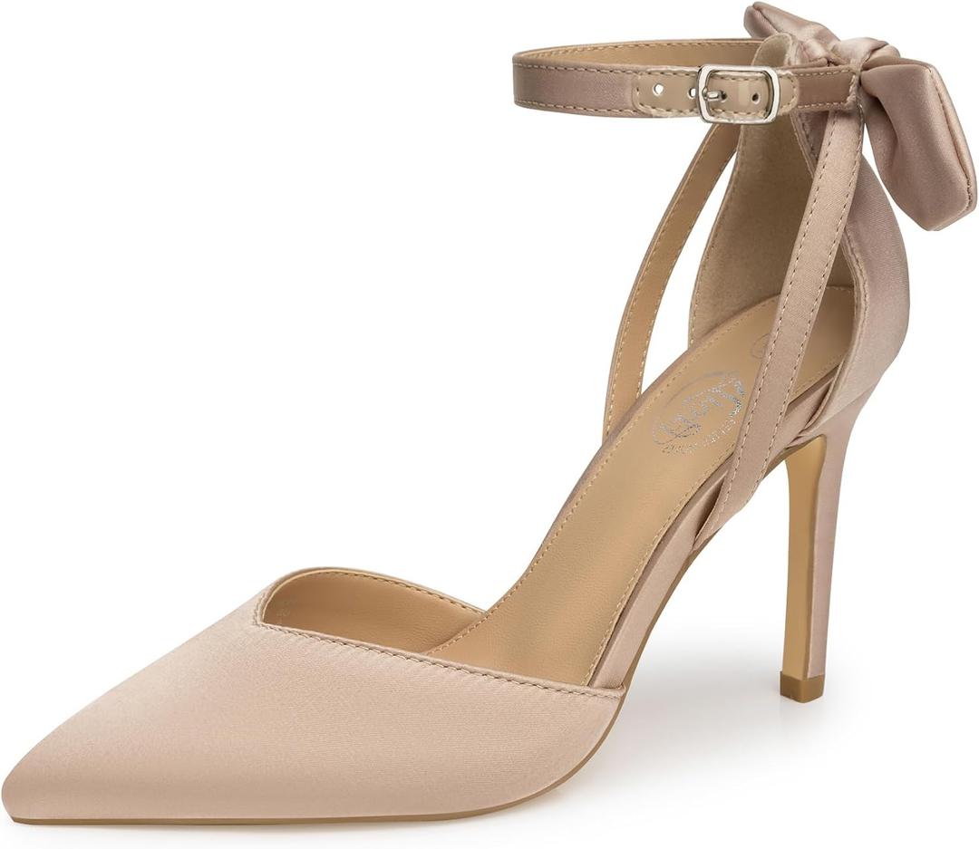 Trary Heels for Women Closed Pointed Toe Heels Women's Pumps Stiletto High Shoes with Bow Knot Comfortable Ankle Strap Office Party Wedding Dress Shoes 3.74" Heel (9, Nude)