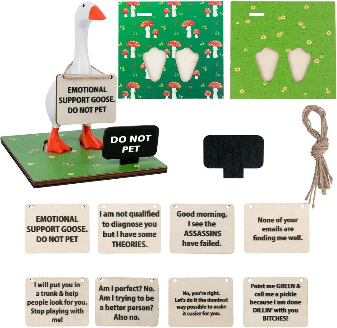 Magnetic Goose Key Holder, 7inch Desk Goose Statue with 2 Wooden Base & 8 Funny Quotes Signs 1 Writable Signs, Kawaii Room Home Office Table Desk Decor, Valentine, New Apartment Housewarming Gifts