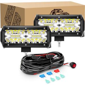GOOACC 2PCS 6.5 Inch 120W Triple Row LED Pods Flood Light Bar Fog Light Driving Lighting with 16AWG Off Road Wiring Harness-2 Leads for Truck Golf Cart SUV ATV UTV Boat