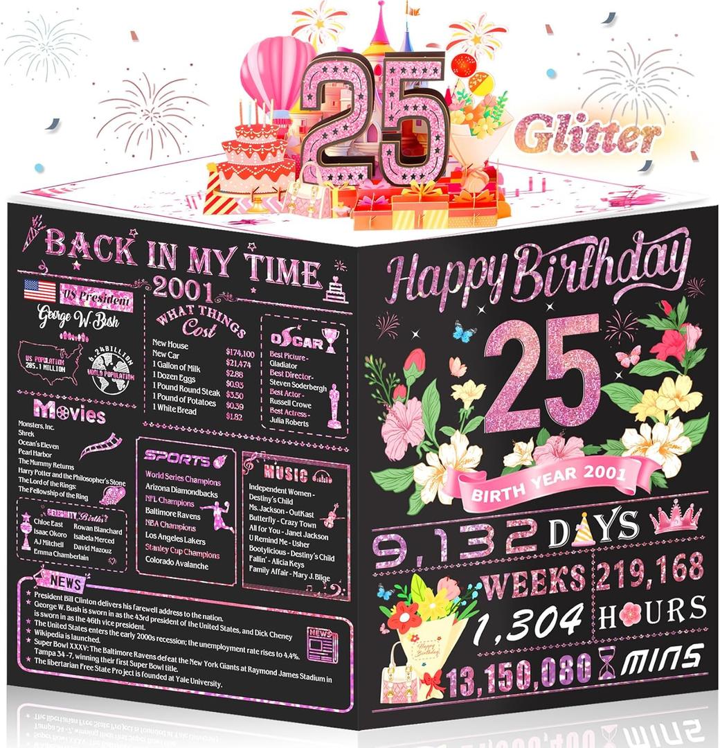 OLOSONG 25th Birthday Card,3D Pop Up Funny 25th Birthday Decorations for Women Friend Sister,Happy 25 Year Old Birthday Gift for Daughter,Great 25 Year Old Gifts Idea for Her,Jumbo Rose Glod In 2001