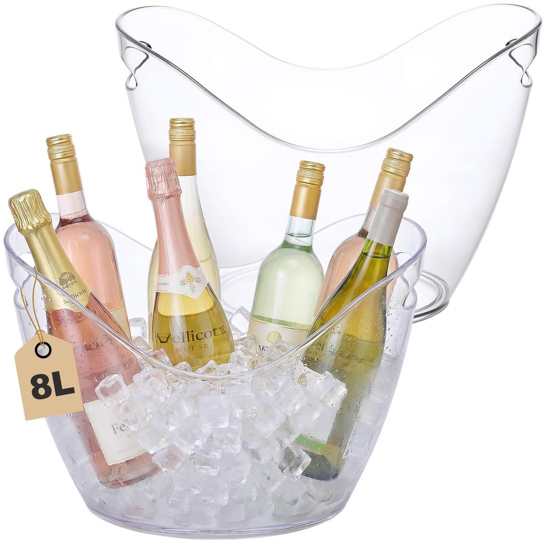 Sunnyray 2 Pack Clear Ice Buckets Large Acrylic Upgraded Thickened Beer Buckets for Parties Champagne Drink Cooler Ice Beverage Storage Tub Wine Cocktail Chiller Bin for Barbecue Picnic Home Bar (8L)