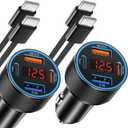 65W iPhone Car Charger Fast Charging, 2Pack 4 Port USB C Fast Car Charger+6ft Type C to C Cable, Dual USB-C&USB-A Cigarette Lighter Adapter with Voltmeter for iPhone 17 16 15 Pro Max,iPad,Galaxy,Pixel