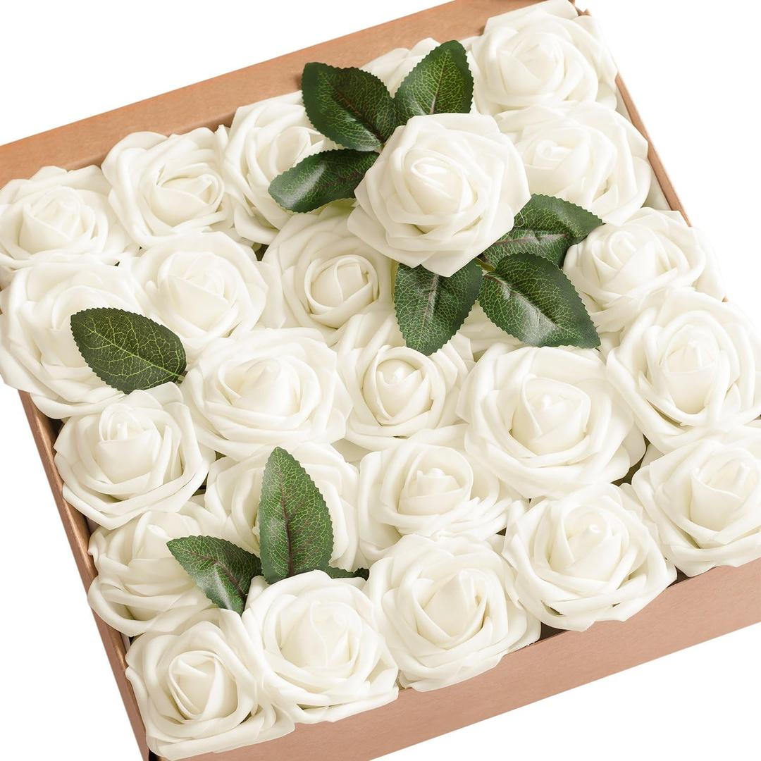 Ling's moment Artificial Flowers 50Pcs Ivory Roses Decor w/Stems,3" DIY Foam Floral for Wedding Bouquet/Centerpieces, Outdoors Party Backdrop, Room/Table, and Garden/Pot Decorations