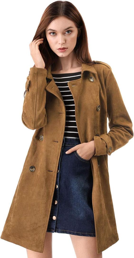 Allegra K Women's Faux Suede Trench Coat Notched Lapel Double Breasted Jacket with Belt (Small, Brown)