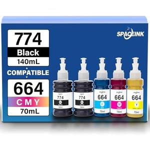 Spaceink 774 664 Ink Refill Bottles for ET-2650 ET-2550 ET-3600 ET-4500 ET-4550 ET-16500 ET-2500 ET-2600 ET-14000 Printers (2 Black Cyan Magenta Yellow 5 Pack)