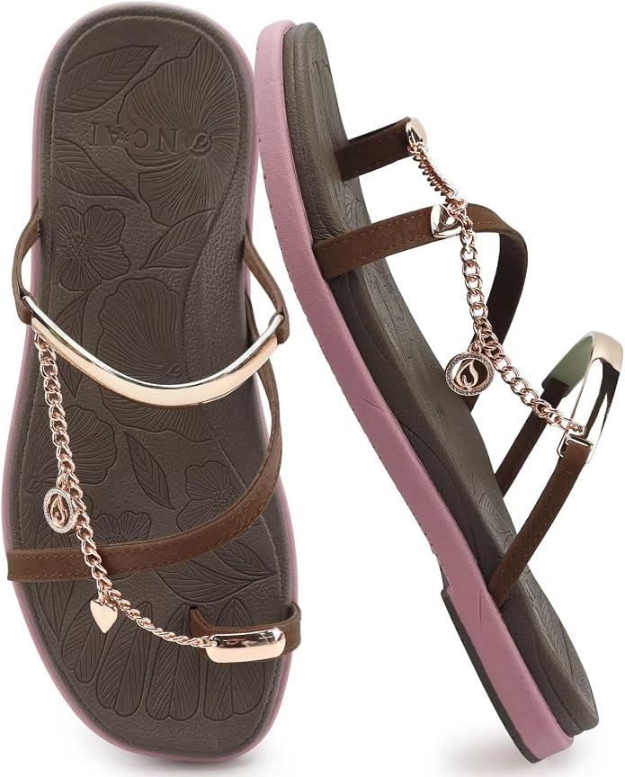 ONCAI Women's Flat Sandals Toe-loop Strappy Square Open Toe Slip on Fashion Dressy Slide Sandal for Woman 2026 Brown/Pink Size 9 Summer Beach Casual Comfort Lightweight Outdoor Sole Slides Shoes