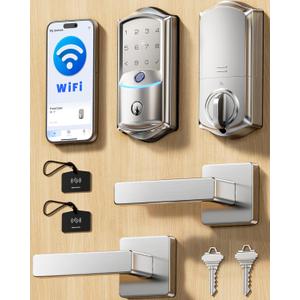 Veise VE027-L Built-in WiFi Smart Lock with Handle, Fingerprint keyless Entry Door Lock Set, App Remote & Voice Control, Electronic Deadbolt for Front Door, Touchscreen Keypad, Auto Lock, Satin Nickel