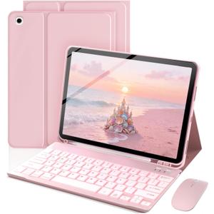 Keyboard Case for iPad mini 5th Generation 2019 / mini 4th Generation 2015 7.9 inch, Mouse and Detachable Keyboard, Adjustable Stand Built in Pencil Holder, Auto-Sleep/Wake Feature, Pink
