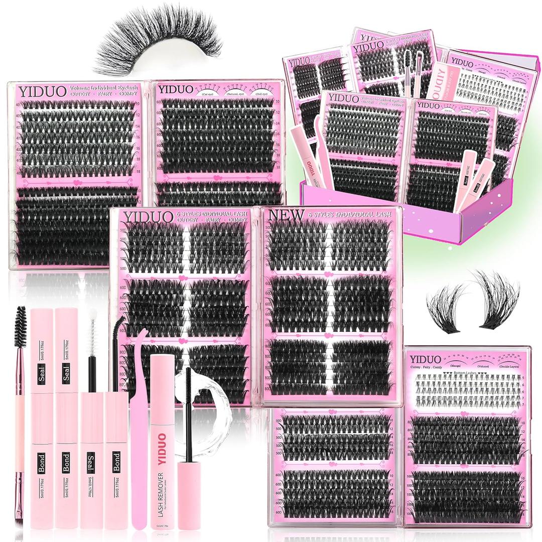 6 Box Mix Lashes Clusters Kit Gift Packs 1686Pcs with 2X Bond&Seal Volume Mega/Bottom Soft Extension False Eyelash D Curl Wispy Natural DIY Individual Fake Eyelashes for Beginners Bulk Pack