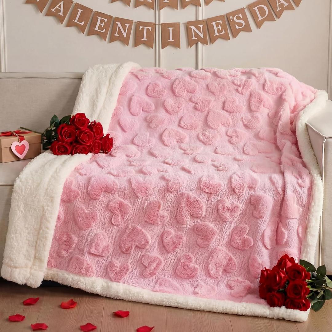 Pink Heart Sherpa Throw Blanket 50"x 60" Valentine's Day Blanket Soft Plush Fluffy Romantic Love Decorative for Couch Sofa and Bed Valentines Day Gifts