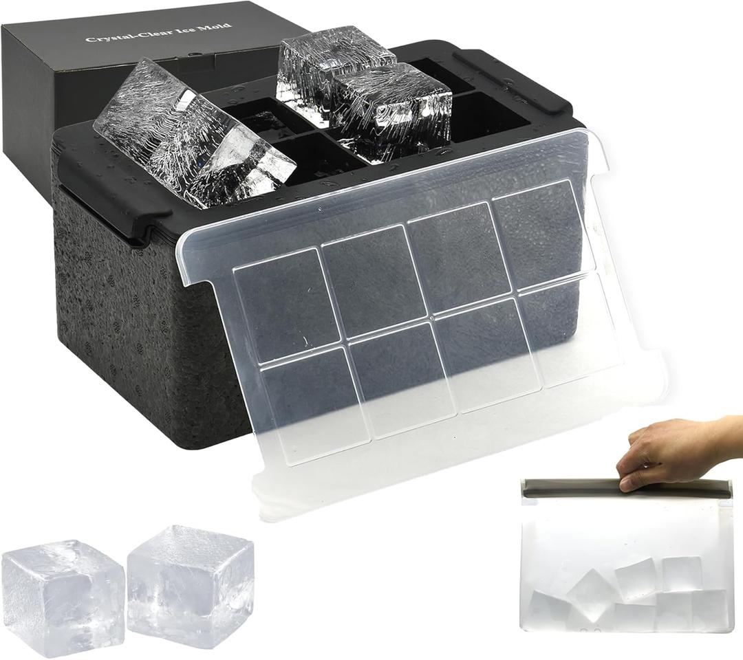 Crystal Clear Ice Cube Maker,8 Large 2" Square Pure Ice Cubes for Cocktails,Bourbon & Drinks,Clear Ice Cube Mold with Reusable Ice Storage Bag,Whiskey Gifts for Men
