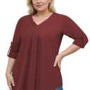 3/4 Length Sleeve Womens Tops Plus Size Going Out Pleated V Neck T Shirts (Red)