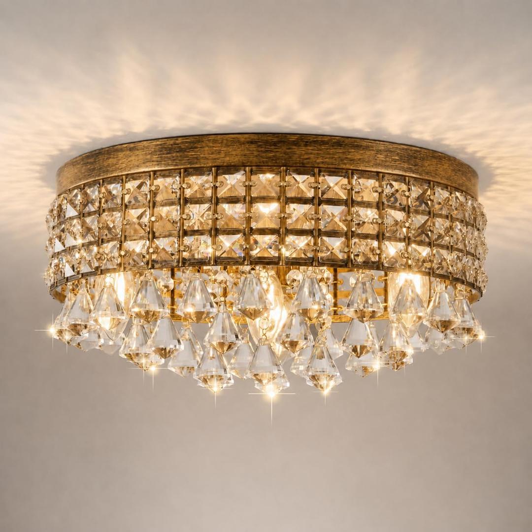 Antique Crystal Flush Ceiling Light: Vintage Bedroom Living Room Chandelier