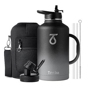 Trebo Half Gallon Water Bottle Insulated with Handle, 64 oz Double Wall Stainless Steel Metal Large Jug, Travel Flask with Straw Spout Lid, Mug Tumbler with Carry Pouch, Keep Cold Hot, Dark Gray