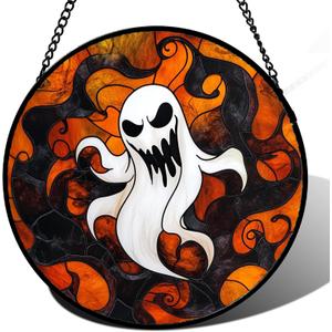 Stained Glass Window Hanging - Halloween White Ghost Suncatcher for Doors Window Garden Indoor Spooky Funny Orange Sun Catchers Gothic Decor Horror Gifts for Women Men Friend 9.8 in