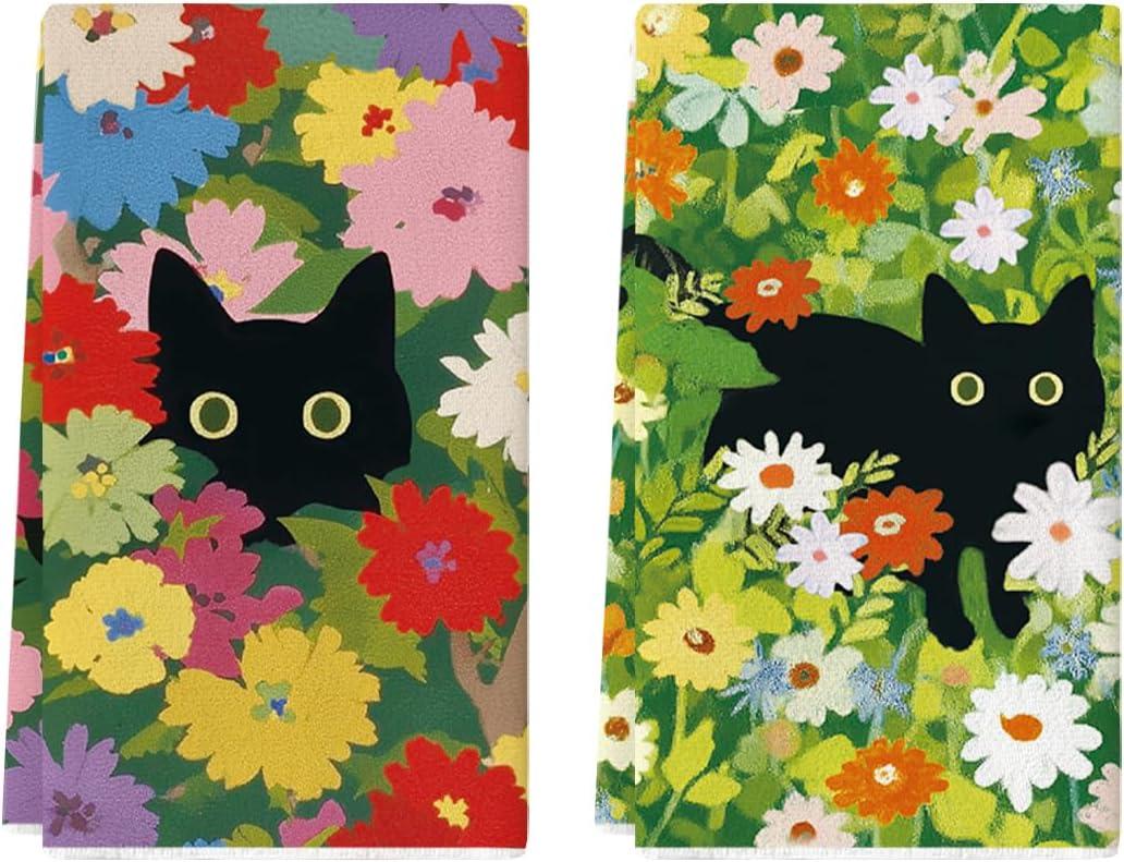 Artoid Mode Floral Cat Wild Grass Spring Kitchen Towels Dish Towels, 18x26 Inch Farmhouse Summer Decoration Cleaning Set of 2