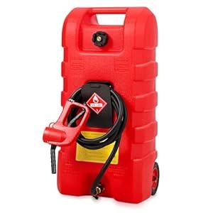 15 Gallon Gas Can, Fuel Tank Container with LE Fluid Transfer Manual Siphon Pump & 10FT Hose, Portable Diesel Gas Storage Caddy with Wheels for Car, ATV, Weeder, Boat, etc., Red