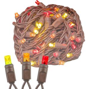 Novelty Lights 17 Feet 50 Light Brown Wire LED Autumn Lights Outdoor, Commercial Grade, Yellow/Red/Orange, 5mm Bulbs, UL Listed, Connectable up to 730 Feet