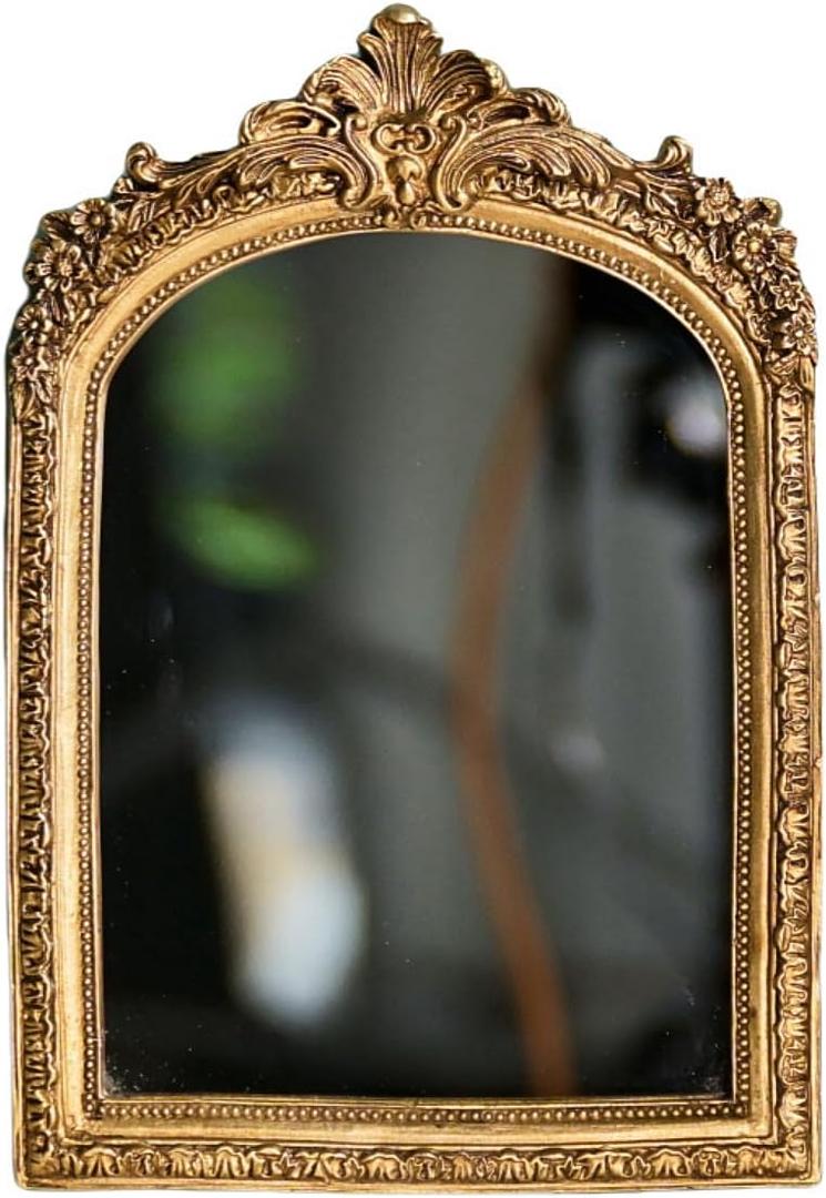 11 x 9.5 Small Gold Vintage Wall Mirror, Antique Gold Resin Baroque, Decorative Hanging & Tabletop