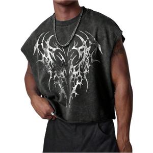 VIPWOLF Men's Grunge Graphic Cropped Tank Tops Y2K Dolman Sleeve Washed Cut Off T Shirts Streetwear (Black, S)