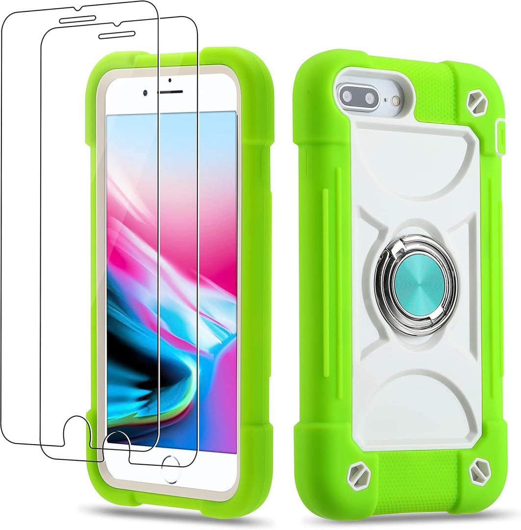 for iPhone 8 Plus/7 Plus Case,iPhone 6 Plus Case/iPhone 6s Plus case 5.5 Inch with Ring Stand, with 2 Pack Glass Screen Protector Heavy-Duty Grade Phone Cover (Guava)