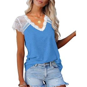 KINLONSAIR Women's Crochet Lace Basic V-Neck T-Shirts Short Sleeve Loose Fitting Tunic Tank Tops, Size: M