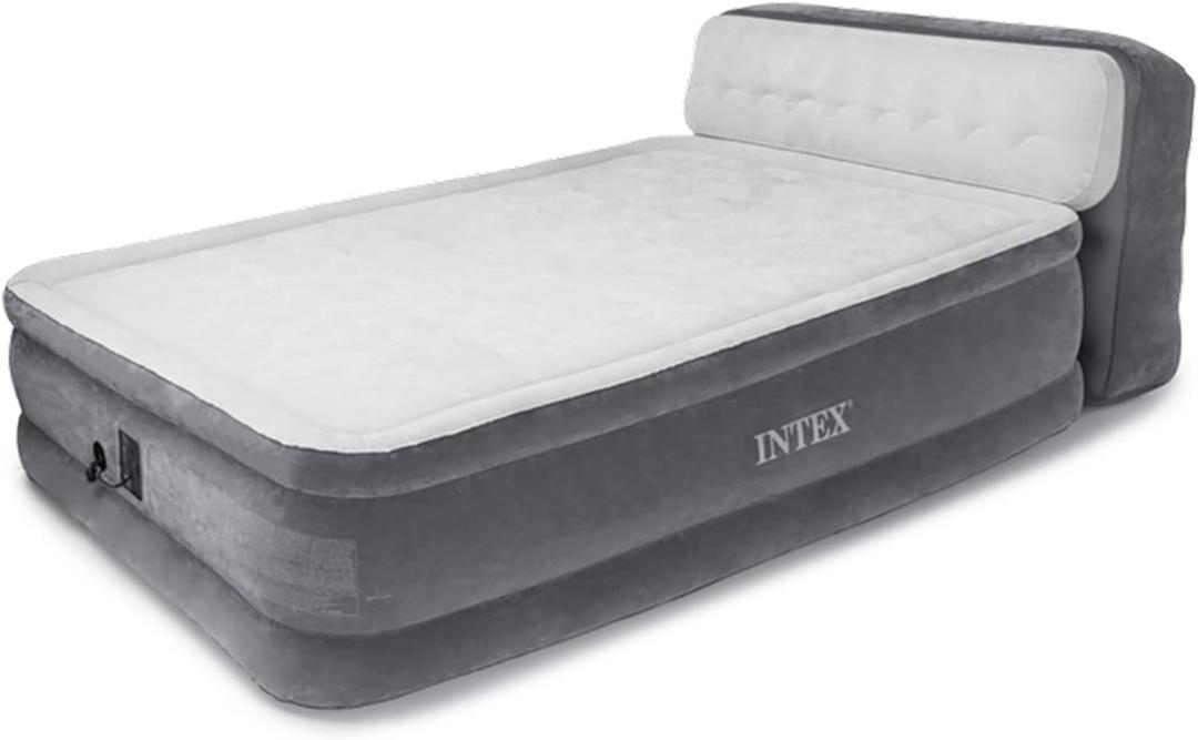 Intex Dura-Beam Ultra Plush Inflatable Pillow Top Bed Air Mattress with Headboard, Built-in Internal Electric Pump and Carry Storage Bag, Queen, Gray