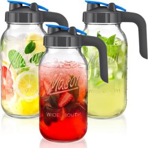 3 Pack 64oz Glass Mason Jar Pitchers with Airtight Lids - Sun Tea & Cold Brew Pitchers, Ideal for Lemonade, Coffee, Flavored Water