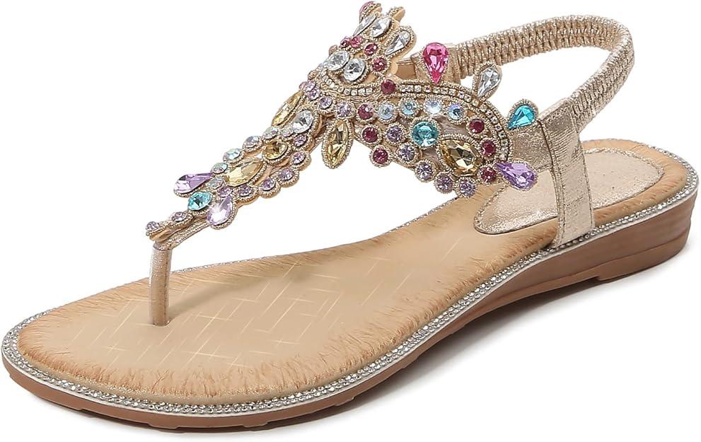iCKER Women Rhinestone Sandals T-Strap Buckle Bohemian Pearl Crystal Flat Sandals-PD01-Gold-9, Size 41