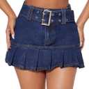 WDIRARA Women's Petite High Waisted Pleated A Line Belted Ruffle Y2k Denim Mini Skirt, Size XS 