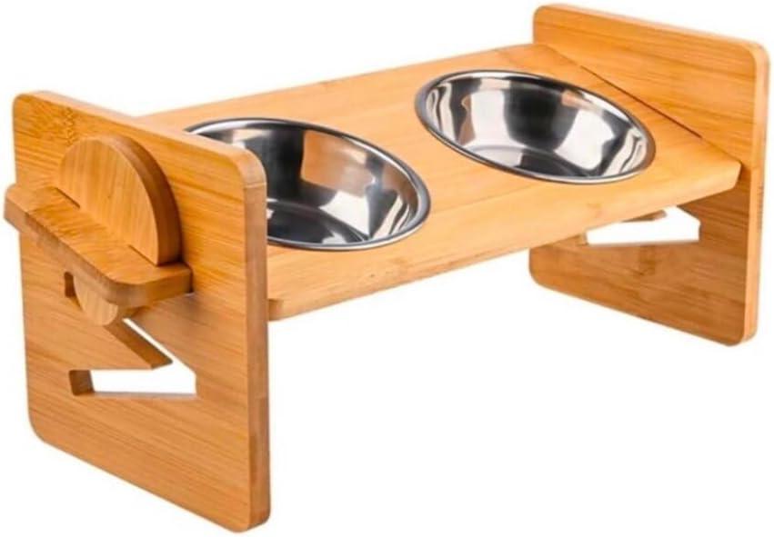 Elevated Cat Food and Water Bowl Set with Stand - Bamboo Raised Tilted Feeding Bowls for Kittens and Small Dogs with 2 Stainless Steel Dishes