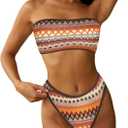 ZAFUL Women Strapless Textured Bandeau Bikini 2 Piece Swimwear Cheeky Solid Lace up Bathing Suits (Medium, 0-3brown)