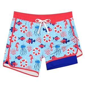 Cozople Boys Compression Swim Trunks Size 10 Vintage Sea Creatures Graphic Swimming Shorts Beach Quick Dry Swimsuits with Color-Blocking Elastic Waist Ocean 
