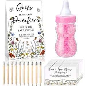 Roowest 512 Pcs Baby Shower Games Guess How Many Pacifiers Sign 100 Small Guessing Games 10 HB Pencils 750ml Milk Bottle 400 Acrylic Pacifiers Decoration for Guest Gender Reveal(Pink,Bloom)