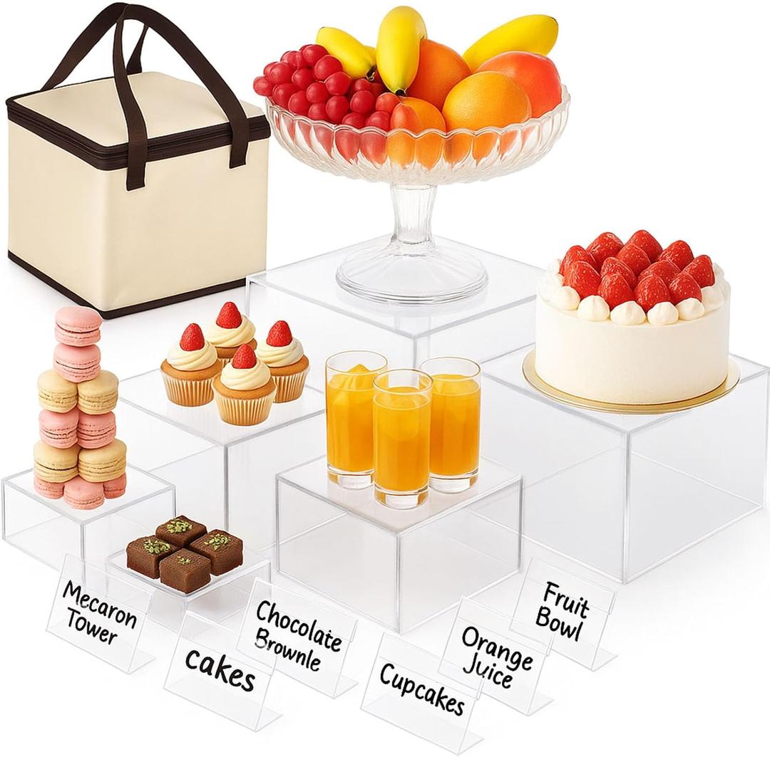DomeStar 6PCS Buffet Risers and Stands Set, Clear Acrylic Food Risers for Dessert Table Party Display - Cupcake, Cake, Fruit, including 8", 7", 6", 5", 4", 3" (Transparent)