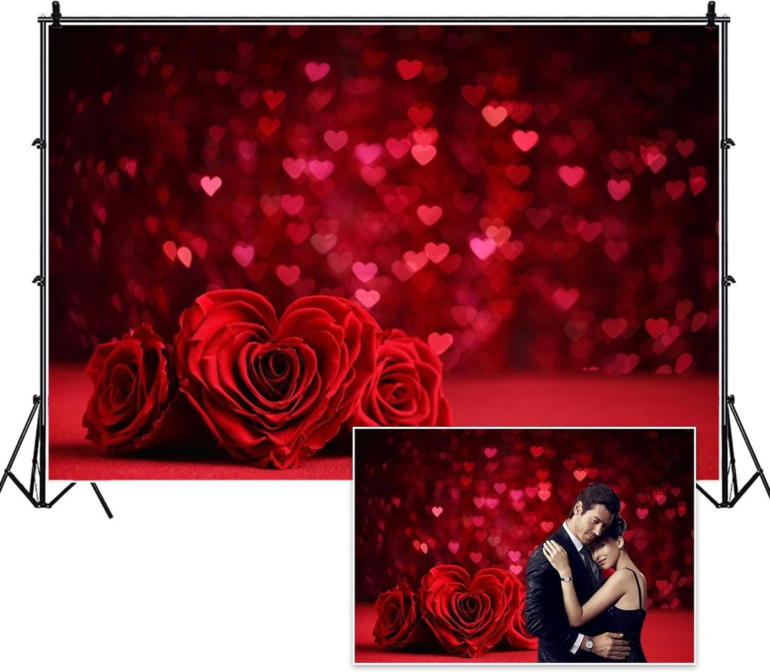 8x6ft Love Heart Mothers Day Backdrops Spring Red Rose Floral Valentines Day Photography Banner for Wedding Bridal Shower Anniversary Birthday Proposal Engagement Women's Day Decoration