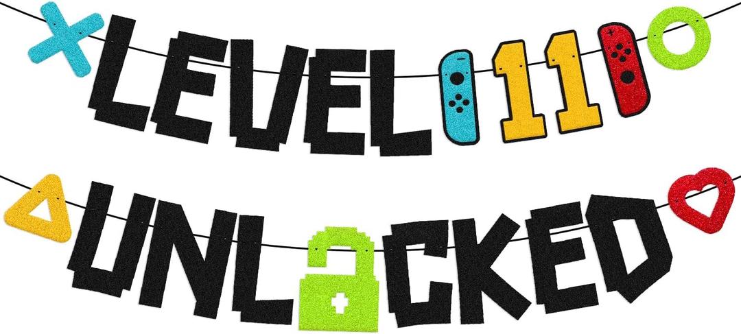 Level 11th Unlocked Sign Banner Happy 11th Birthday Level Up Eleventh Bday Party Decorations for Video Game Controller Themed Teen Birthday Event Celebration Supplies Double Sided