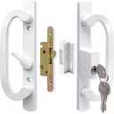 Patio Sliding Door Handle Set with Mortise Lock, Key Cylinder and Keeper, Replacement Handle Lock Set Fits Door Thickness from 1-1/2" to 2-1/4", 3-15/16" Screw Hole Spacing, Keyed, White