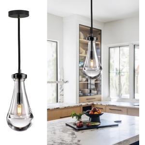 Raindrop Pendant Light, Black Glass Pendant Lighting, Hand Blown Teardrops Modern Hanging Light for Entryway Foyer Stairway Kitchen Island Bedroom Dining Living Room Hallway