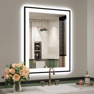 24x30 Inch LED Bathroom Mirror with Lights (Front Lit and Backlit) Black Framed Lighted Vanity Mirror for Bathroom Wall Dimmable Anti-Fog Memory Tempered Glass Horizontal/Vertical 24x30 Inch LED Bathroom Mirror with Lights (Front Lit and Backlit) Black Framed Lighted Vanity Mirror for Bathroom Wall Dimmable Anti-Fog Memory Tempered Glass Horizontal/Vertical