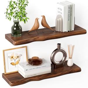 Floating Shelves for Wall Rustic Farmhouse 24 Inch Floating Shelf Bathroom Wooden Shelves for Wall Mounted Live Edge Pine Wall Shelf with Unique Natural Grain for Living Room Bedroom Kitchen (Walnut)