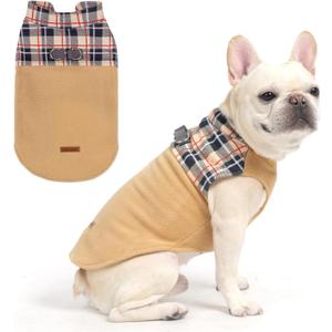 EXPAWLORER Fleece Dog Sweater - Classic Plaid Dog Jacket, Winter Coat Vest with 2 D-Rings for Leash, Pet Cold Weather Clothes, Sweatershirt for Boys or Girls (Beige)