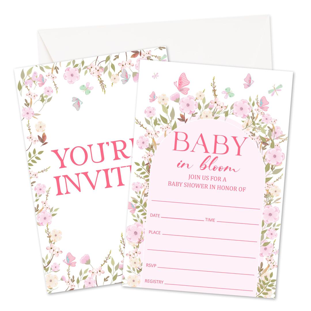 Baby Shower Invitations, Pink Floral Invitations For Gender Reveal, Baby Announcement, Butterfly Themed Fill-In Invites With Envelopes For Girls, Party Favor Supplies (25 Pcs) -01