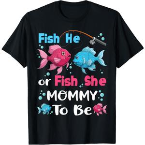 Fish he or Fish she Gender Reveal Family Matching Mommy T-Shirt (Black, M)