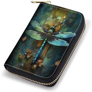 Credit Card Holder Wallets for Women, RFID Blocking Small Leather Card Case Wallet with Zipper Accordion Wallets, Dragonfly