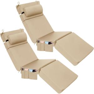Wenqik 2 Pcs Outdoor Chaise Lounge Cushion with Pillow and Side Pocket Waterproof Lounge Chair Cushions with Pocket on Back 72 x 21 x 4 Inch Patio Replacement Pad for Pool Furniture (Beige)