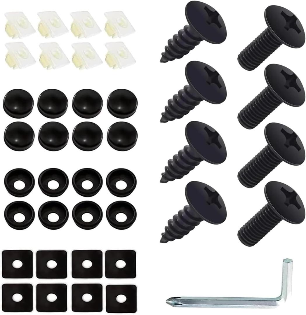 8 PCS License Plate Screws, Stainless Steel Anti-Rust and Shock-Proof Fixing Bolts, Self-Tapping Mounting Fasteners for Car Front and Rear License Plate Frame Covers, for Cars Trucks (Black)