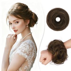 RUWISS Human Hair Bun Hair Piece Long Thin Straight Tousled Updo Bun Hair Pieces for Women Scrunchie Ponytail Extension 25g (Golden Chestnut Mixed Light Golden Blonde)